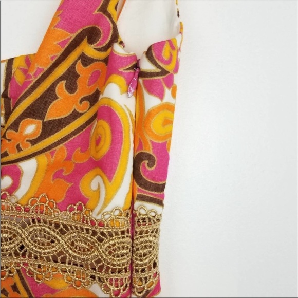 Milly of NY | Vintage Paisley Print Pink Gold Lace Dress - Picture 8 of 8